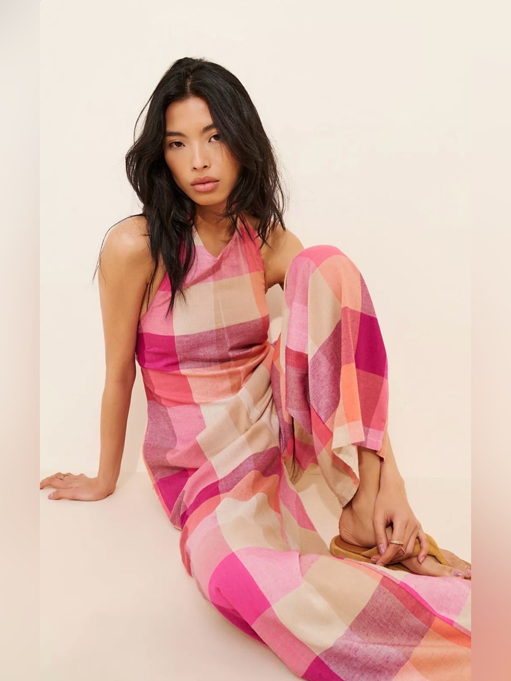 Free People Native Youth Alma Wide Leg Jumpsuit Pink Check
